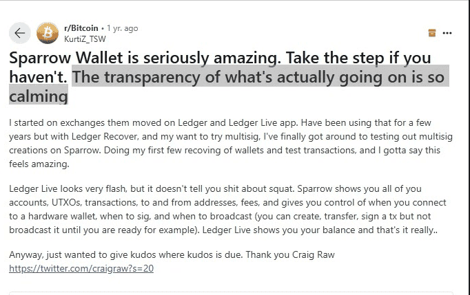 Reddit Post about sparrow wallet
